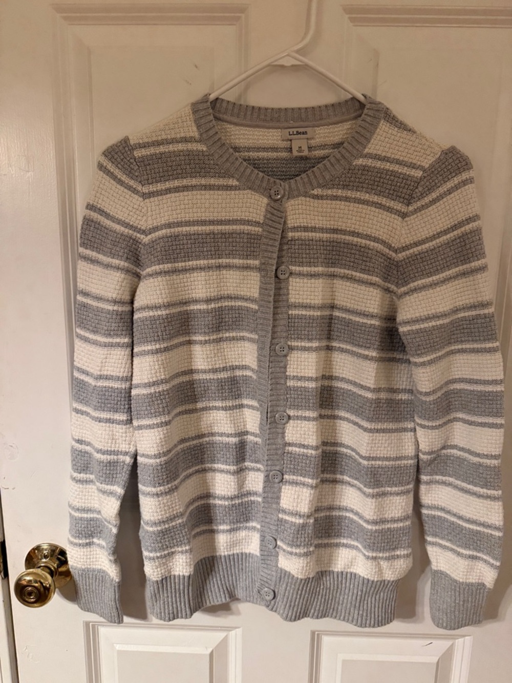 L.L. Bean Cream and Light Gray Striped Women’s Cardigan
